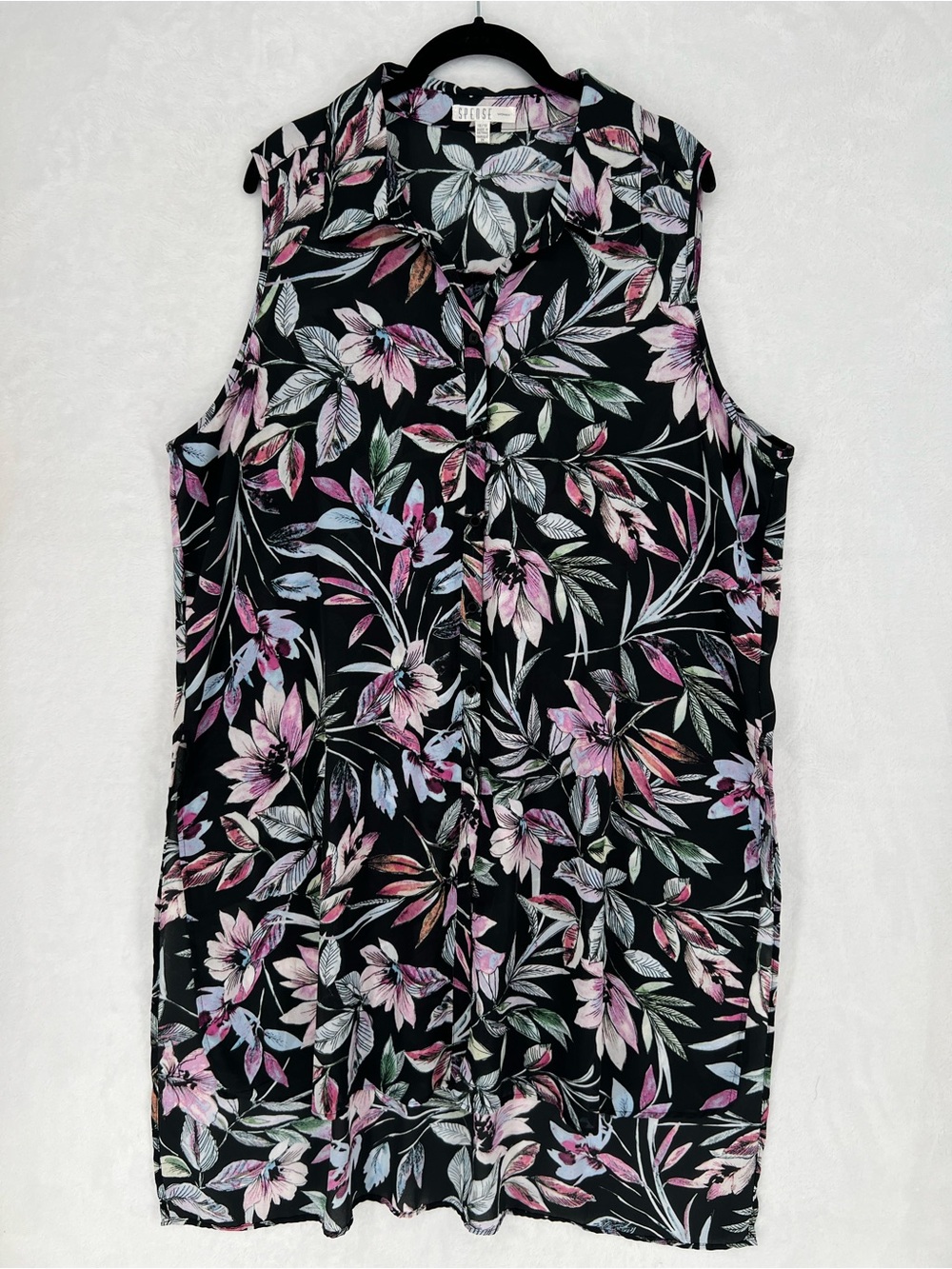 Spense Woman Button Up Hi Low Tunic Top Sheer Floral Swim Cover Up Beach Sz 1X